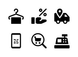 conjunto simples de ícones sólidos de vetor relacionados com comércio eletrônico. contém ícones como cabide de roupas, dá desconto, entrega, telefone e muito mais.