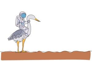 um desenho de linha única de astronauta montando pássaro garça, animal selvagem na ilustração vetorial de superfície da lua. conceito de viagem de safári do cosmonauta. linha contínua moderna desenhar design gráfico vetor