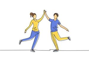 único desenho de linha homem e mulher realizando dança na escola, estúdio, festa. personagens masculinos e femininos dançando tango na milonga. ilustração em vetor gráfico design moderno linha contínua