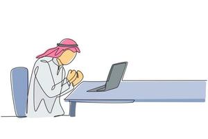 um desenho de linha contínua de um jovem homem de negócios muçulmano feliz comemora o sucesso. empresários da Arábia Saudita com shemag, kandura, lenço, roupas keffiyeh. ilustração em vetor desenho desenho de linha única