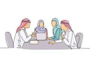 um único desenho de linha de jovens funcionários muçulmanos felizes discutindo o plano de orçamento financeiro. pano da Arábia Saudita hijab, kandora, lenço na cabeça, thobe. ilustração em vetor desenho desenho em linha contínua