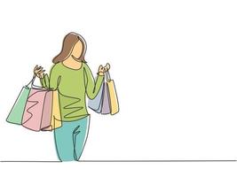 uma linha contínua desenho jovem beleza feliz mulher segurando sacolas de papel depois de comprar vestido, maquiagem, cosméticos, moda no shopping. fazer compras no conceito de shopping. ilustração de desenho de desenho de linha única vetor