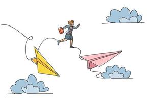contínuo um desenho de linha de jovem trabalhadora pulando de um avião de papel para o saudável. gerente de sucesso. conceito minimalista de metáfora. ilustração gráfica de vetor de desenho de linha única