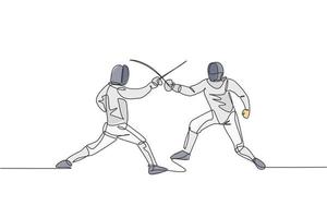 um único desenho de linha de dois homens esgrimista atleta em traje de esgrima exercitando movimento na ilustração vetorial de arena de esporte. conceito de esporte combativo e de luta. design moderno de desenho de linha contínua vetor