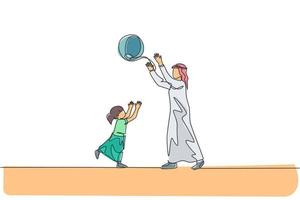 único desenho de linha contínua de jovem pai árabe jogando e jogando bola de praia para a filha no parque. conceito de paternidade de família feliz muçulmana islâmica. ilustração em vetor desenho desenho de uma linha na moda