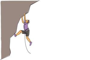 um único desenho de linha de jovem ativo escalando na montanha do penhasco segurando a ilustração em vetor gráfico de corda de segurança. esporte radical ao ar livre e conceito de boulder. design moderno de desenho de linha contínua