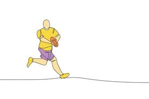 um desenho de linha contínua do jovem jogador de rugby masculino forte pegar a bola. conceito de esporte agressivo competitivo. ilustração vetorial de desenho de linha única dinâmica para cartaz de promoção de torneio