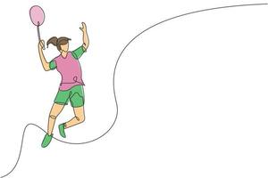 um desenho de linha contínua do salto do jogador de badminton jovem bateu peteca com raquete. conceito de esporte competitivo. ilustração vetorial de desenho de linha única dinâmica para cartaz de promoção de torneio vetor