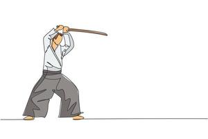 um único desenho de linha de jovem enérgico vestindo quimono exercer a técnica de aikido com espada de madeira em ilustração vetorial de salão de esportes. conceito de esporte saudável. design moderno de desenho de linha contínua vetor