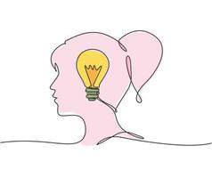 um único desenho de linha da cabeça de uma mulher humana com lâmpada dentro para a identidade do logotipo da empresa. conceito de ícone de processo de criatividade inovação. ilustração em vetor desenho moderno linha contínua