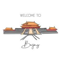 uma única linha desenhando o marco da cidade proibida. lugar icônico mundial em Pequim, China. conceito de cartaz de decoração de parede de arte em casa cartão postal de viagens de turismo. ilustração em vetor design de desenho de linha contínua moderna
