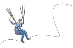 um único desenho de linha de jovem desportivo voando com pára-quedas de parapente no gráfico de ilustração vetorial do céu. conceito de esporte radical. design moderno de desenho de linha contínua vetor