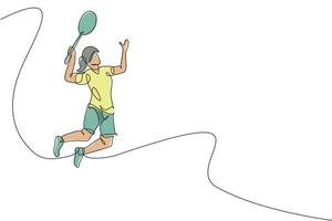 único desenho de linha contínua do jovem jogador de badminton ágil salto hit peteca. conceito de treinamento esportivo. ilustração vetorial de design de desenho de uma linha na moda para mídia de publicação de torneio de badminton vetor