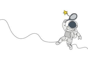 um desenho de linha contínua do cosmonauta explorando o espaço sideral. astronauta acertando estrela com raquete. fantasia conceito de descoberta de galáxia cósmica. ilustração em vetor design gráfico de desenho de linha única dinâmica