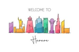 único desenho de linha contínua do horizonte da cidade de harare, zimbabwe. cópia famosa do cartaz da arte da parede da decoração da casa da paisagem do raspador da cidade. conceito de viagens pelo mundo. ilustração em vetor design de desenho de uma linha moderna