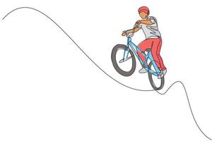 único desenho de linha contínua do jovem ciclista bmx show voando no truque aéreo no skatepark. conceito de estilo livre bmx. ilustração vetorial de design de desenho de uma linha na moda para mídia de promoção de estilo livre vetor
