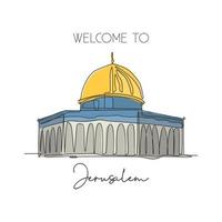 uma única linha desenhando a cúpula da rocha, marco da mesquita de al aqsa. famoso icônico em jerusalém. conceito de cartaz de decoração de parede para casa de cartão postal de turismo. ilustração em vetor design de desenho de linha contínua moderna