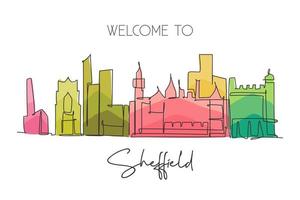 único desenho de linha contínua skyline da cidade de sheffield. famosa paisagem de arranha-céus da cidade no mundo. conceito de impressão de pôster de decoração de parede de campanha de viagens mundiais. ilustração em vetor design de desenho de uma linha moderna