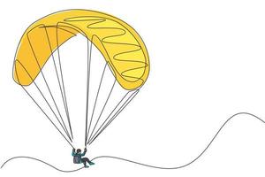 um único desenho de linha de jovem desportivo voando com pára-quedas de parapente no gráfico de ilustração vetorial do céu. conceito de esporte radical. design moderno de desenho de linha contínua vetor