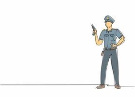 único um desenho de linha jovem policial pose de pé enquanto segura uma arma de mão automática. conceito mínimo de ocupação de profissão de trabalho profissional. ilustração em vetor gráfico desenho linha contínua