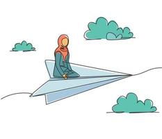 única linha contínua desenho jovem mulher de negócios árabe sentado relaxar no avião de papel voando para fazer viagem de negócios. conceito de metáfora do minimalismo. ilustração em vetor desenho gráfico dinâmica de uma linha