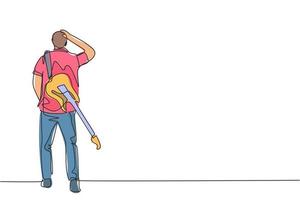 um desenho de linha contínua do jovem guitarrista de rock masculino feliz caminhando enquanto carregava uma guitarra elétrica no ombro. músico artista conceito linha única desenhar design gráfico ilustração vetorial vetor