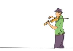 único desenho de linha contínua de jovem violinista masculino feliz usando um chapéu e se apresentando para tocar violino em concerto de música. músico artista desempenho conceito uma linha desenhar design ilustração vetorial vetor