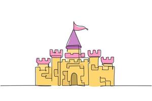 um desenho de linha contínuo, um castelo em um parque de diversões com cinco torres e uma bandeira acima dele. um palácio onde vivia uma feliz família real. ilustração gráfica do vetor do desenho do desenho de linha única.