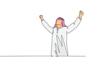 um desenho de linha contínua de jovem homem de negócios muçulmano feliz levanta as mãos para o ar comemorar o sucesso. Arábia Saudita com kandura, lenço, pano keffiyeh. ilustração em vetor desenho desenho de linha única