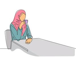 um único desenho de linha de jovem beleza feminina muslimah trabalhador desfrutando de uma bebida uma xícara de café no café. hijab de roupa islâmica e conceito de véu. ilustração de desenho de desenho de linha contínua vetor