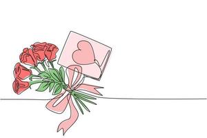 um desenho de linha contínua de linda flor rosa romântica fresca com cartão de amor. convite moderno, logotipo, banner, conceito de pôster desenho de linha única ilustração gráfica de vetor