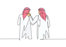 um único desenho de linha de jovens trabalhadores muçulmanos do sexo masculino felizes caminhando juntos no escritório. pano da Arábia Saudita shmag, kandora, lenço na cabeça, thobe, ghutra. ilustração em vetor desenho desenho em linha contínua