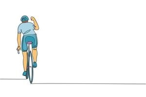 um desenho de linha contínua de ciclista jovem desportivo levanta a mão para comemorar o acabamento. conceito de ciclista de estrada. ilustração vetorial de desenho de linha única para cartaz de competição de ciclismo vetor