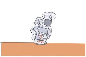 um desenho de linha única de jovem astronauta decorando bolo de aniversário usando creme de espuma para ilustração vetorial de festa de aniversário. conceito de bolo de sobremesa doce. design moderno de desenho de linha contínua vetor