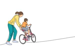 um único desenho de linha de jovem mãe ensinando seu filho a andar de bicicleta em um parque público de ilustração gráfica. lição de maternidade. conceito de tempo urbano para a família. design moderno de desenho de linha contínua vetor