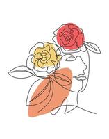 uma única linha desenho rosto abstrato com ilustração vetorial de flores naturais. conceito de estilo minimalista de retrato de mulher de beleza para impressão de arte de decoração de parede. design gráfico moderno de linha contínua vetor