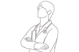 uma jovem masculino médico carrinhos com dele braços cruzado dentro uma mão desenhado vetor ilustração