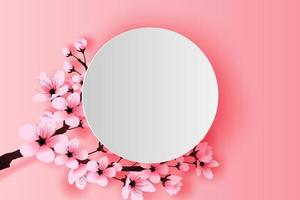 ilustração do papel arte e construir branco círculo Primavera estação cereja Flor conceito, primavera com sakura filial, floral cereja Flor com Rosa flores em Lugar, colocar texto espaço fundo, vetor. vetor