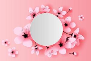 ilustração do papel arte e construir branco círculo Primavera estação cereja Flor conceito, primavera com sakura filial, floral cereja Flor com Rosa flores em Lugar, colocar texto espaço fundo, vetor. vetor