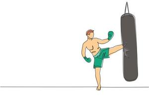 único desenho de linha contínua do jovem esportivo kickboxer exercício lateral chutando com saco de pancadas no salão de esportes. conceito de esporte de kickboxing de competição de luta. ilustração vetorial de design de desenho de uma linha vetor