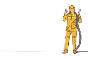 Os bombeiros de um único desenho de linha usavam capacetes e uniformes completos com um gesto de bom trabalho para extinguir o incêndio no prédio. linha contínua moderna desenhar design gráfico ilustração vetorial vetor