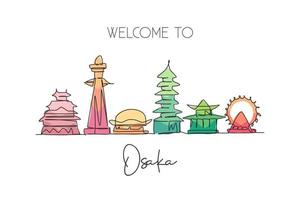 um desenho de linha contínua do horizonte da cidade de osaka, japão. belo marco. turismo de paisagem mundial e cartaz de férias de viagem. ilustração vetorial de design de desenho de linha única de traço elegante editável vetor