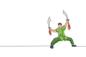 única linha contínua desenhando jovem lutador de wushu, mestre de kung fu em treinamento uniforme com espadas no centro do dojo. conceito de concurso de luta. ilustração em vetor design gráfico de desenho de uma linha na moda