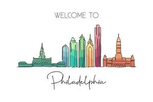 um desenho de linha contínua do horizonte da cidade de philadelphia, estados unidos. belo marco. férias de viagem de paisagem de cidade mundial. ilustração em vetor design de desenho de linha única de traço elegante editável