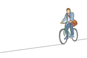 um único desenho de linha de jovem funcionário de inicialização profissional feliz anda de bicicleta para a ilustração vetorial de espaço de coworking. conceito de estilo de vida saudável do viajante. design moderno de desenho de linha contínua vetor