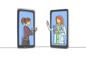 Um único desenho de linha médico árabe sai da tela do smartphone enquanto explica uma doença infecciosa. conceito médico online. ilustração em vetor gráfico design moderno linha contínua