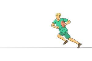 um único desenho de linha do jovem jogador de rugby masculino energético correndo e segurando a ilustração vetorial de bola. conceito de esporte saudável. design moderno de desenho de linha contínua para banner de torneio de rugby vetor