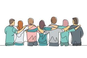 desenho de linha contínua única sobre um grupo de homens e mulheres de várias etnias que estão juntos para mostrar seus laços de amizade. unidade na diversidade conceito uma linha desenhar ilustração vetorial vetor