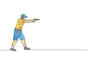 um único desenho de linha de jovem praticando para atirar no alvo ao alcance na ilustração em vetor gráfico de campo de treinamento de tiro. conceito de esporte de tiro ao pombo de barro. design moderno de desenho de linha contínua