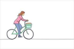 uma única linha de desenho jovem feliz empregado de inicialização mulher andar de bicicleta para o gráfico de ilustração vetorial de espaço de coworking. conceito de estilo de vida saudável do viajante urbano. design moderno de desenho de linha contínua vetor